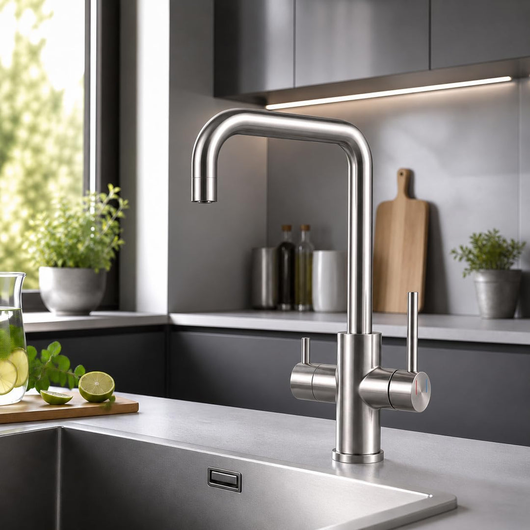AORA® VANTO INOX 3 Wege Wasserhahn Küche aus massivem Edelstahl 304 – Küchenarmatur Hochdruck für Wa