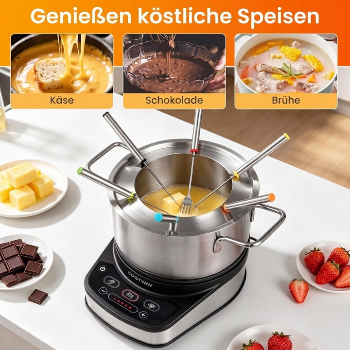 COSTWAY Elektrisches Fondue Set, 1200W Fondueset mit abnehmbarem 3L Edelstahltopf, 6 farblich markie