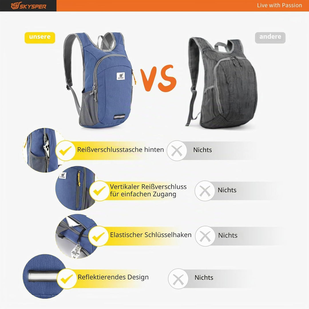 SKYSPER 10L/15L/20L Faltbarer Rucksack Ultraleicht Tagesrucksack Wasserfest Daypack Reiserucksack Wa