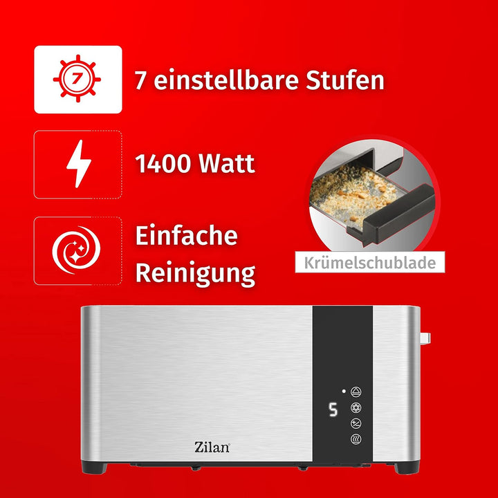 Zilan Toaster 4 Scheiben | Edelstahl | Modern | 7 Stufen | Krümelschublade | LCD Display Touchscreen