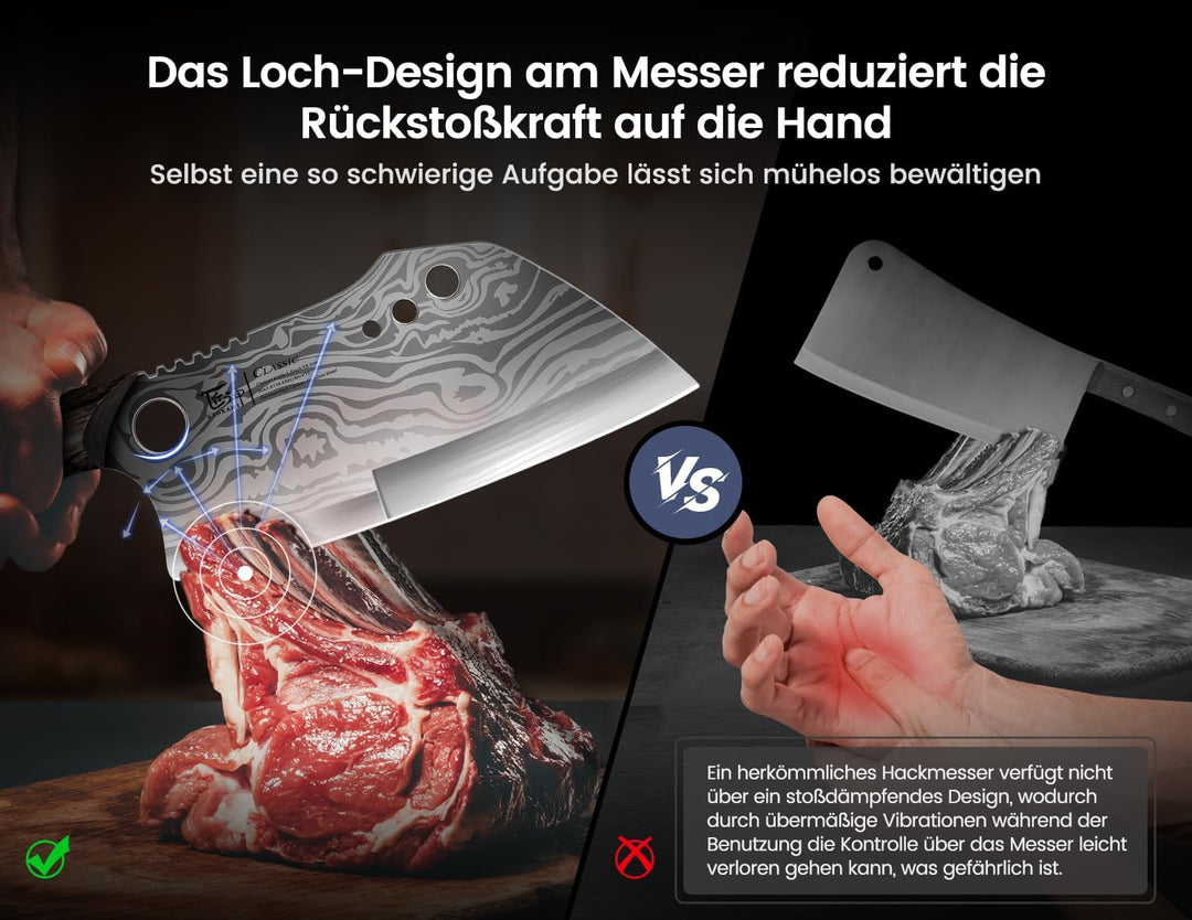 Fleischermesser mit Scheide, 19,5 cm Damastmuster Hackmesser, Küchenmesser mit Ergonomischem Durchge