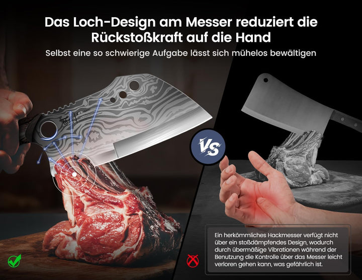 Fleischermesser mit Scheide, 19,5 cm Damastmuster Hackmesser, Küchenmesser mit Ergonomischem Durchge