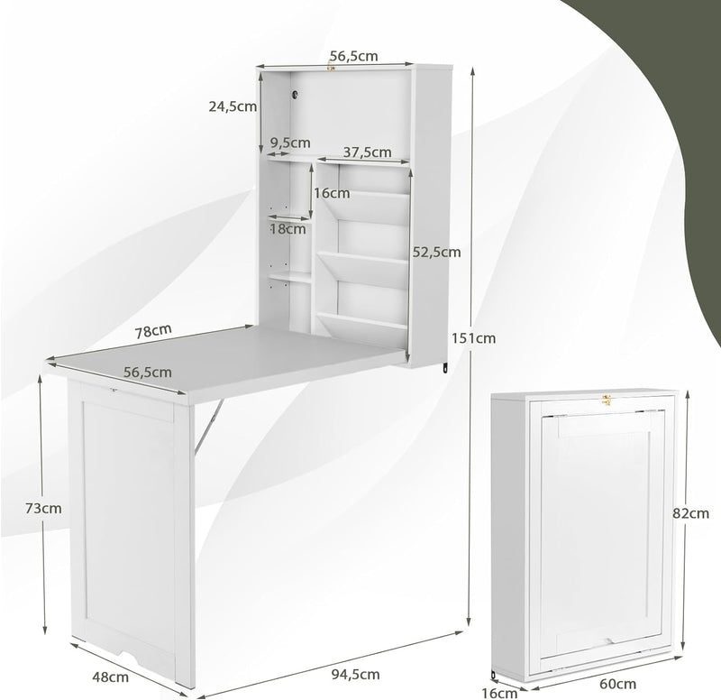 GOPLUS Klappbarer Schreibtisch zur Wandmontage, umwandelbarer Computertisch, schwebender Esstisch, K