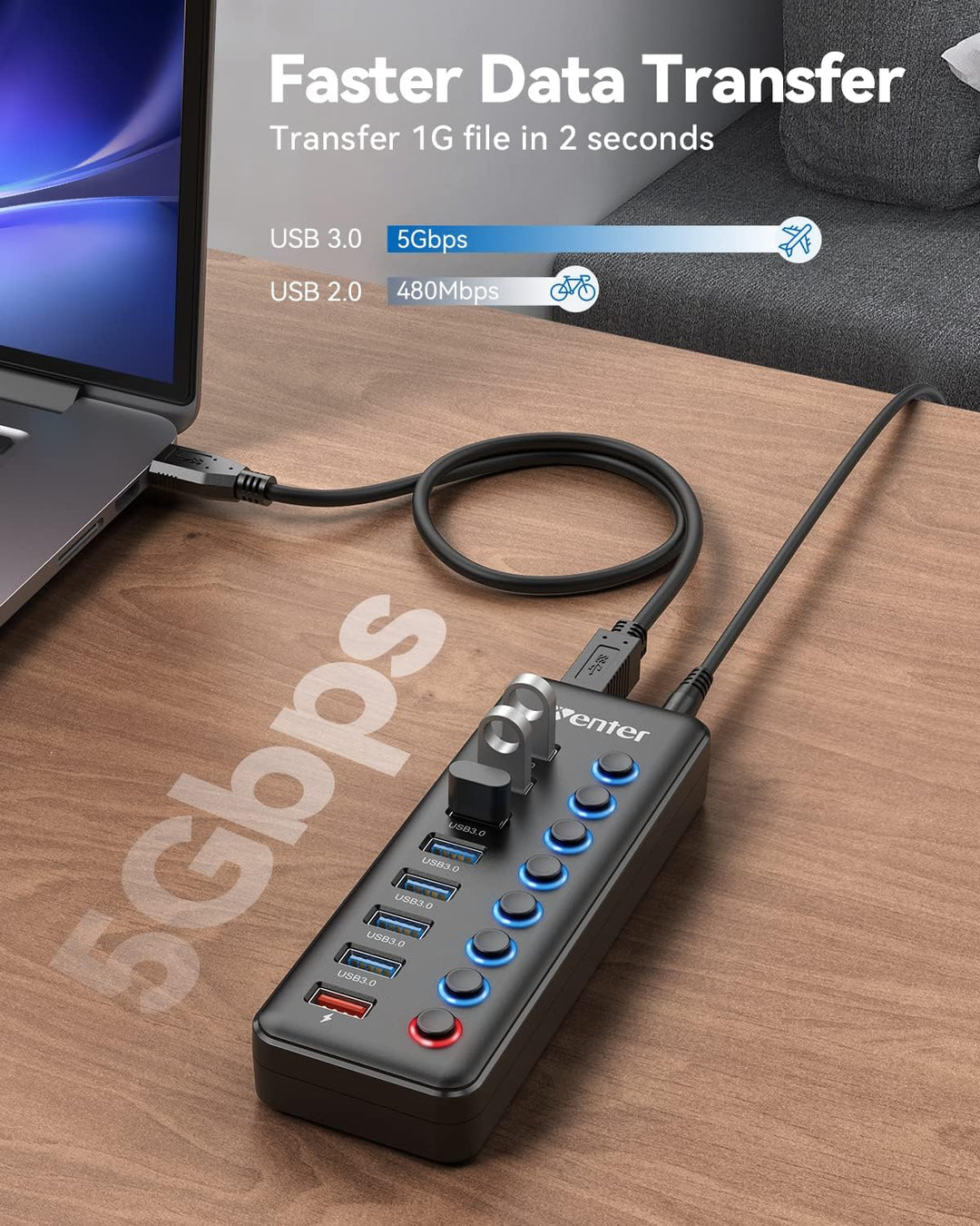 WENTER USB Hub 3.0 Aktiv, 11 Ports 36W (12V / 3A) Netzteil, USB 3.0 Mehrfach Ports Verteiler mit LED