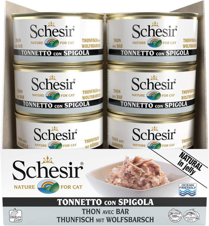 Schesir Cat Jelly Thunfisch mit Wolfsbarsch, Katzenfutter nass in Gelee, 24 Dosen x 85 g Thunfisch m