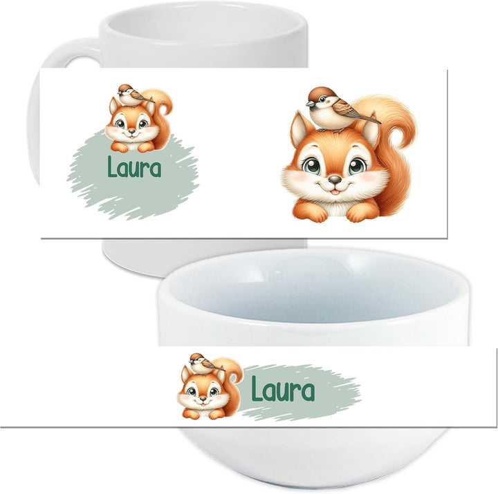 GRAZDesign Frühstückset Tasse mit Müslischale personalisiert für Kinder Eichhörnchen Motiv aus Keram