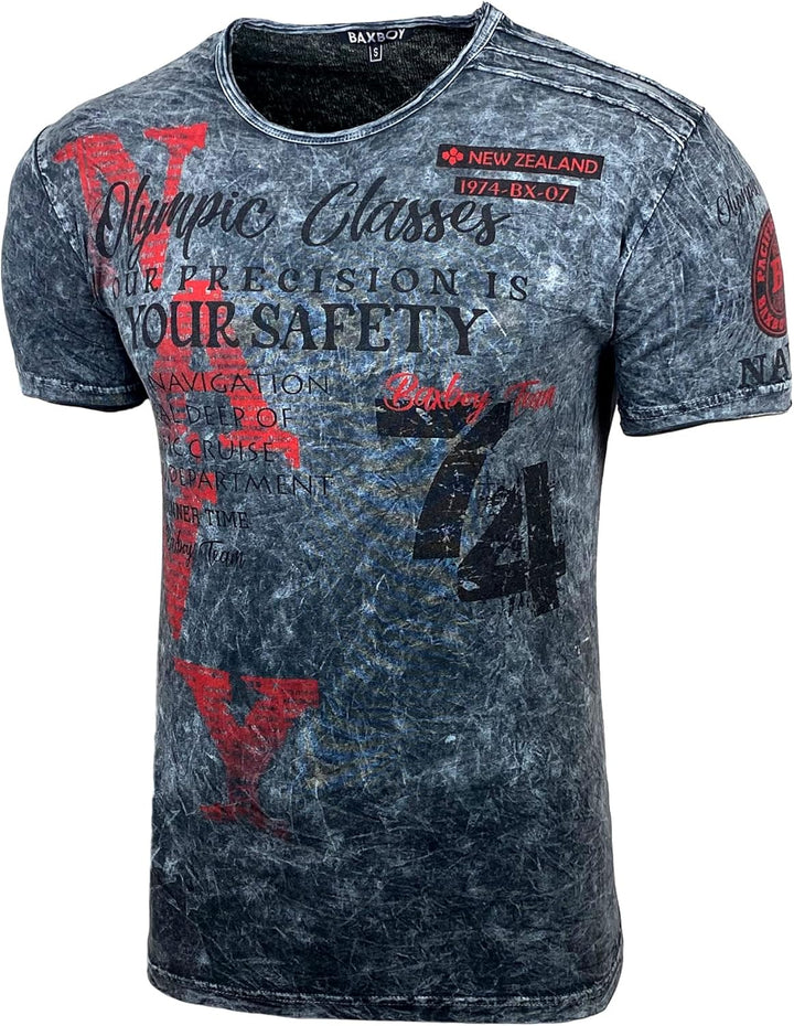 Baxboy Herren Kurzarm Rundhals Verwaschen Vintage Used Look T-Shirt Front & Back Print Regular Fit W