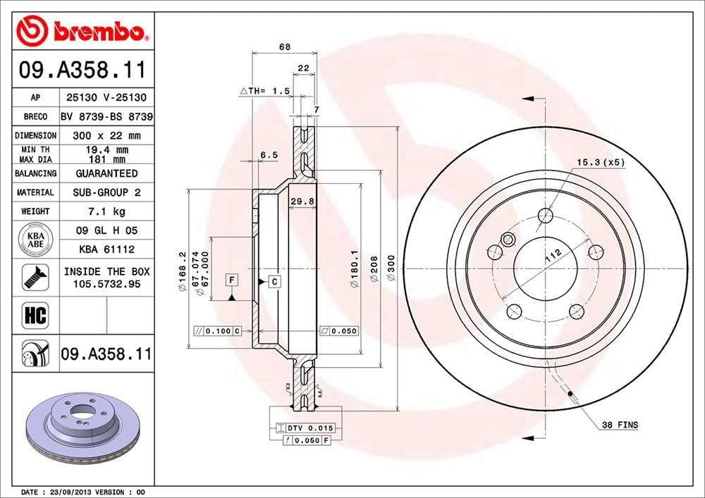Brembo 09.A358.11 Hintere Bremsscheibe mit UV Lackierung, Anzahl 2
