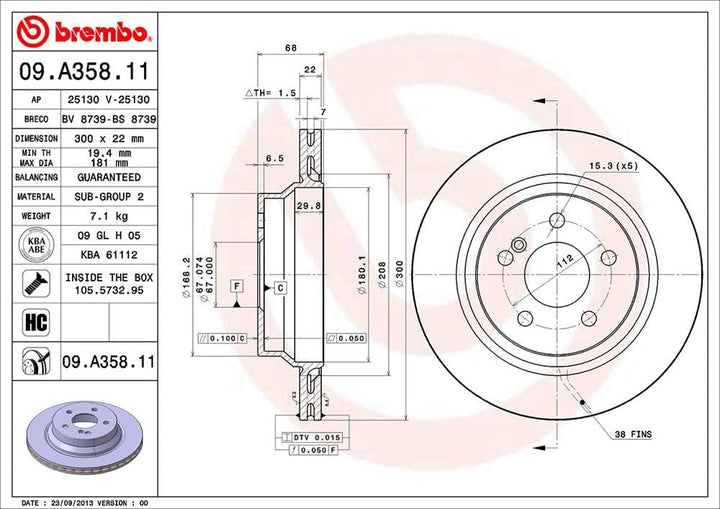 Brembo 09.A358.11 Hintere Bremsscheibe mit UV Lackierung, Anzahl 2