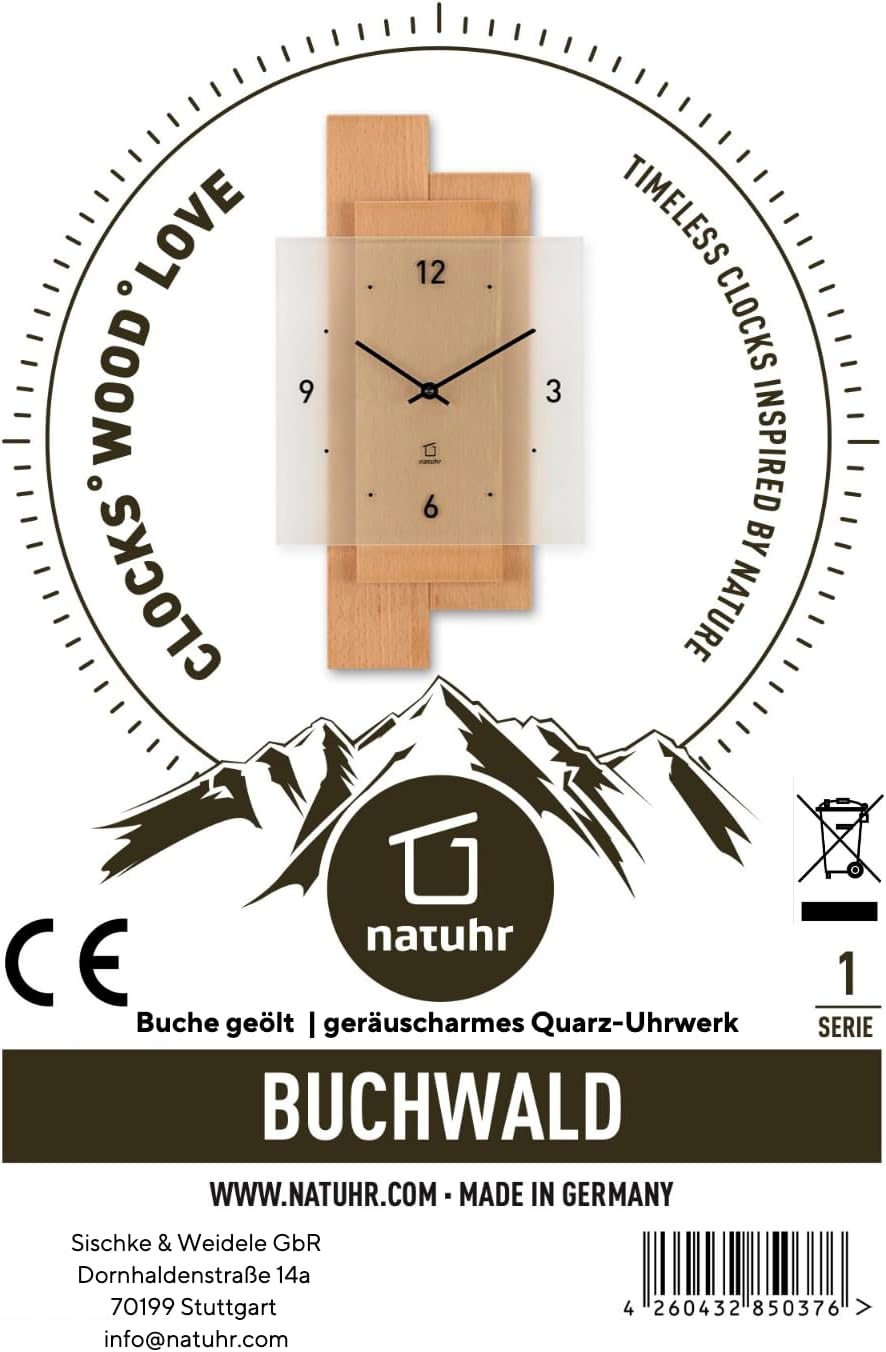 Natuhr Wanduhr Holz Buchwald geräuscharm Massivholz Buche (Buche geölt, Quarz Uhrwerk geräuscharm) B