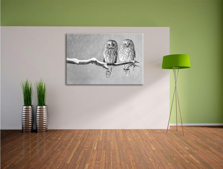 Pixxprint Zwei Eulen in Winterlandschaft Kunst B&W, Format: 100x70 auf Leinwand, 100x70