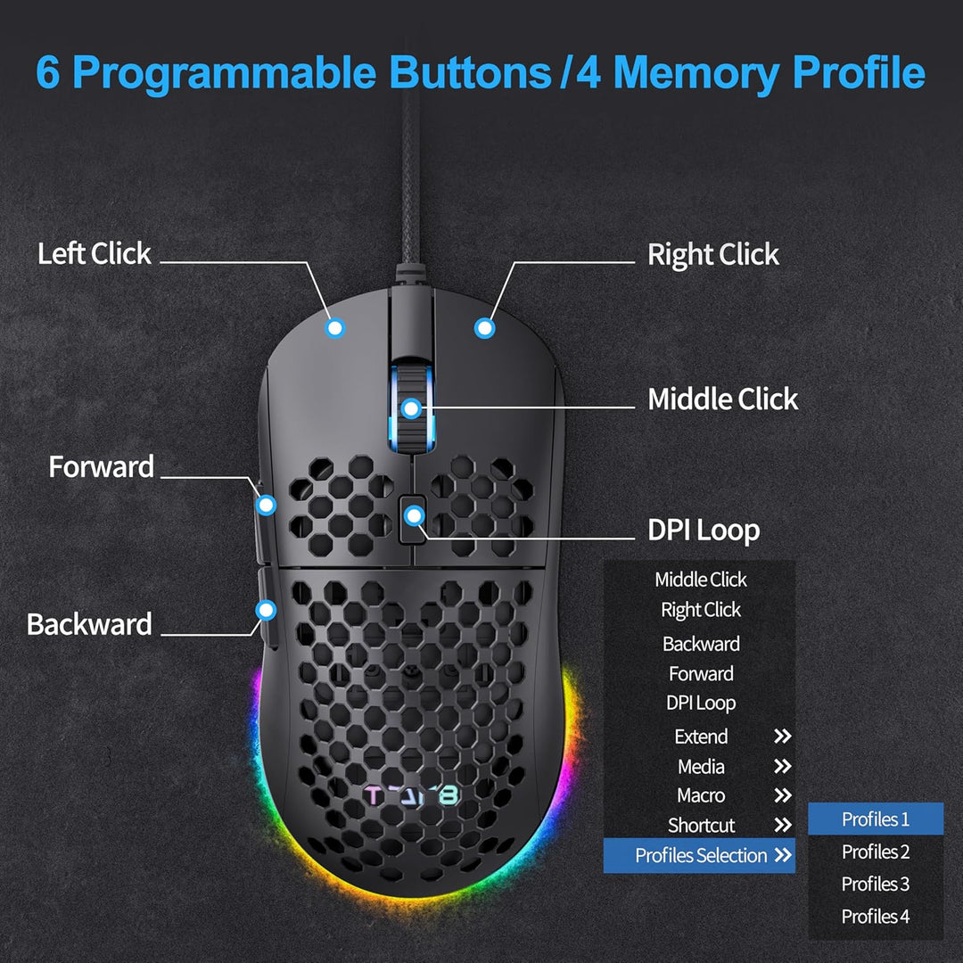 TMKB M1se Gaming Maus mit 12800 DPI Optischer Sensor,6 Programmierbare Tasten Wabenmaus,Anpassbares