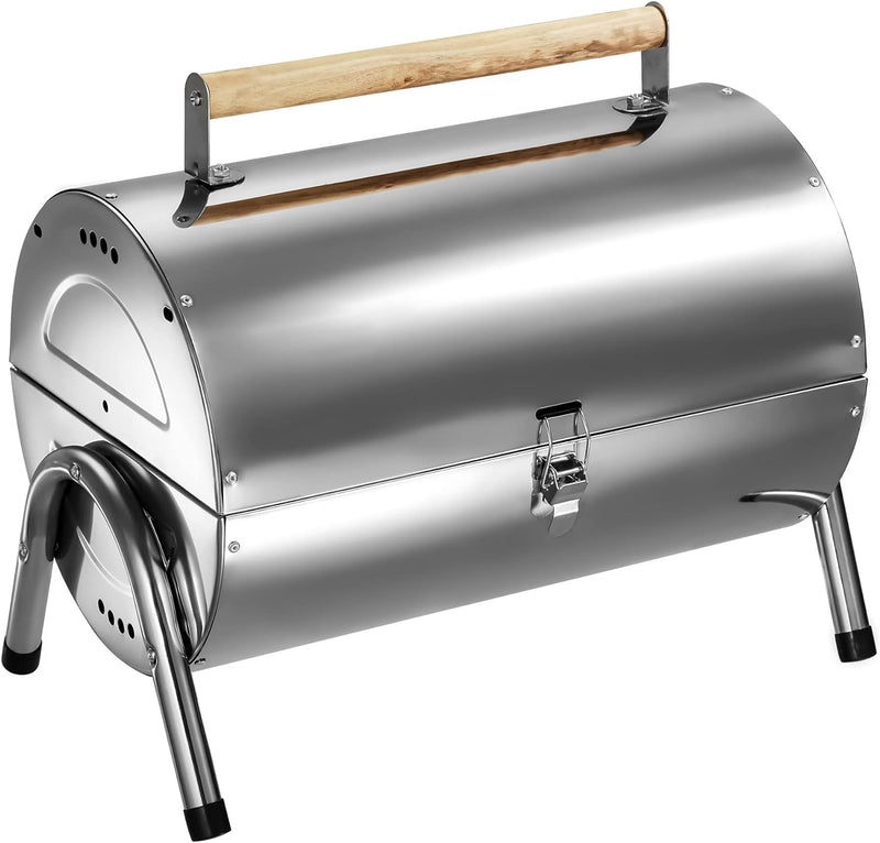 TecTake Edelstahl BBQ Grill mit grosser Doppelgrillfläche Holzkohlegrill Grilltonne Silber