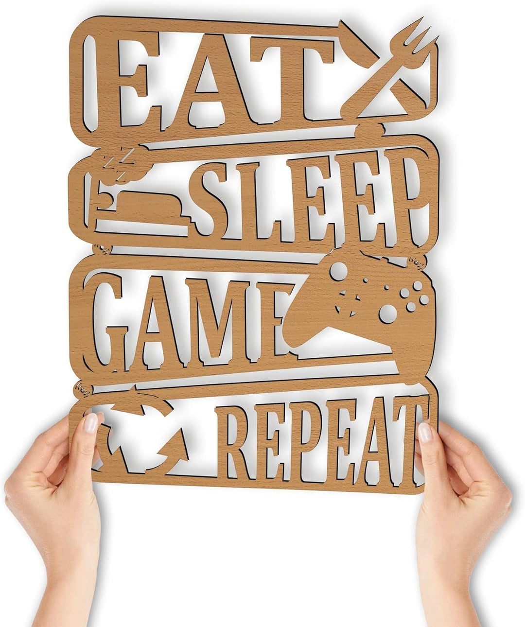 Namofactur Eat Sleep Game Repeat Deko Gamer Zimmer Wand I Wandlampe Geburtstag Gamer I MDF Holz Deko