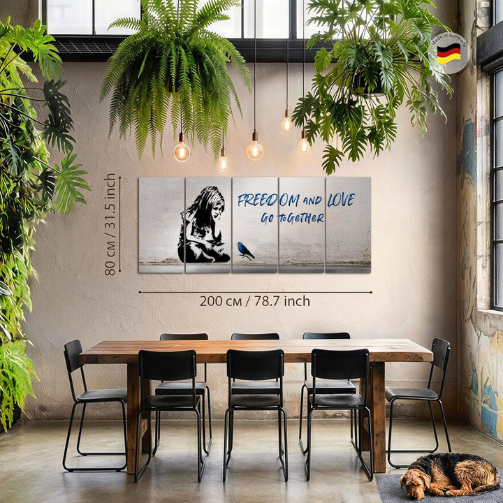 Runa Art Wandbild XXL Banksy Mädchen mit Vogel Loft Wohnzimmer 200 x 80 cm Grau Blau 5 Teilig - Made