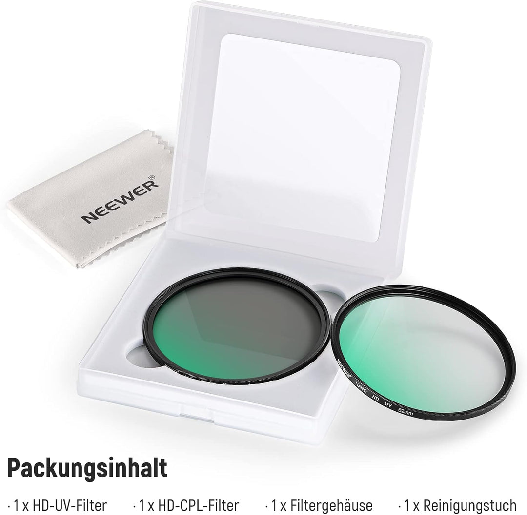 NEEWER 62mm CPL UV Filter Set, Zirkular Polfilter(Polarisationsfilter)/UV Schutz Objektivfilter Set
