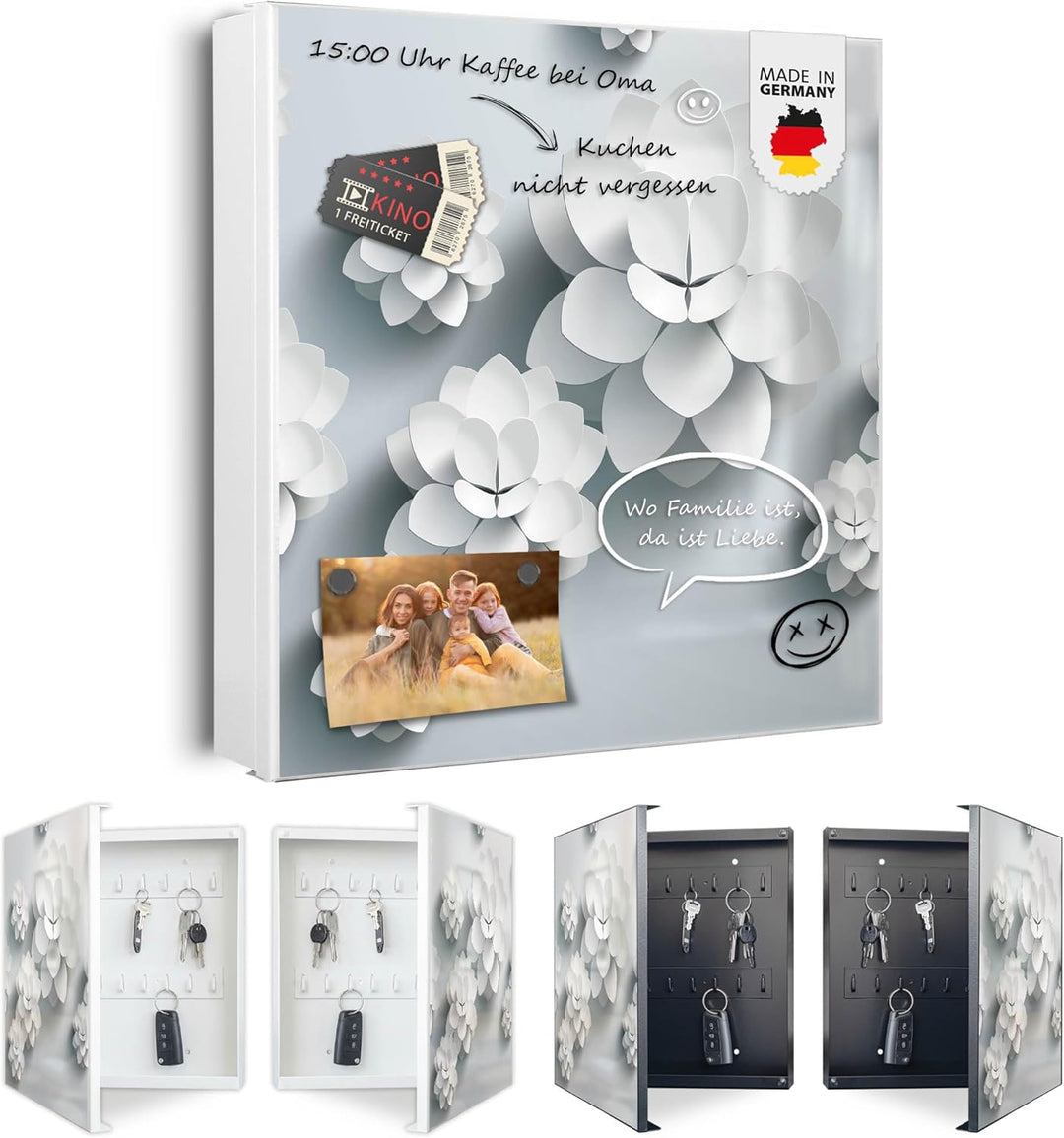 banjado® Grosser Schlüsselkasten Glas/Schlüsselbox 30cm x 30cm mit 50 Haken - Motiv Papier Lotus/Sch