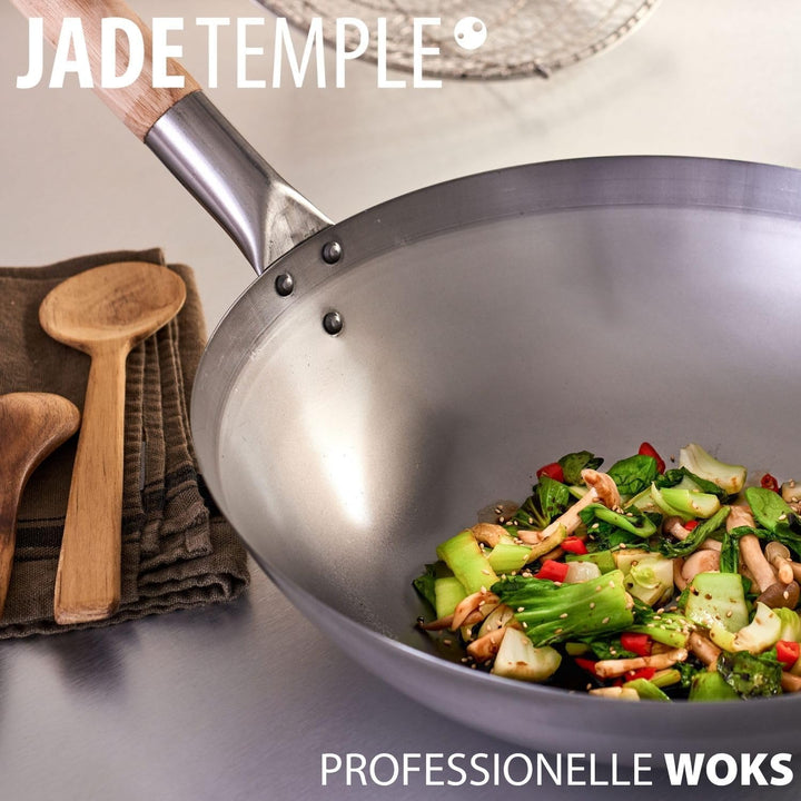 JADE TEMPLE Wok aus Carbonstahl, mit flachem Boden und 30 cm Durchmesser, mit rundem Holzgriff Durch