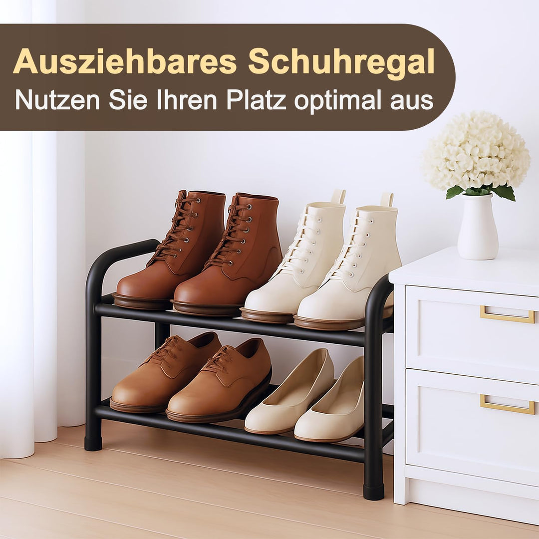 Schuhregal schmal klein ausziehbar 2 Ebenen, Schuhschrank schwarz Metall, Breite 43-78 cm, für Kleid
