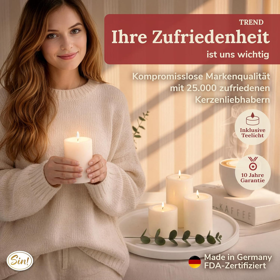 Sin! 3er Set Teelichthalter Trend warmweiss - ∅ 10 cm - Höhen 12/15/18 cm, Dauerkerze mit Teelicht i