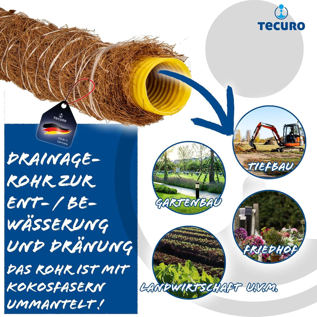 tecuro Drainagerohr 3 Meter - DN60, flexibel, gewellt und geschlitzt, mit Kokosumflechtung, PVC-U, D