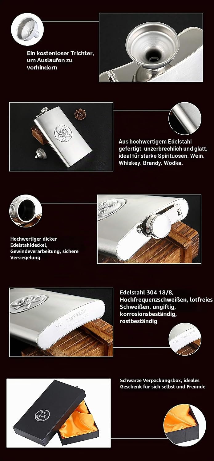 TANEAXON Flachmann mit Totenkopf-Muster, 340 ml, mit Trichter und Box, Edelstahl, auslaufsicher 12 o