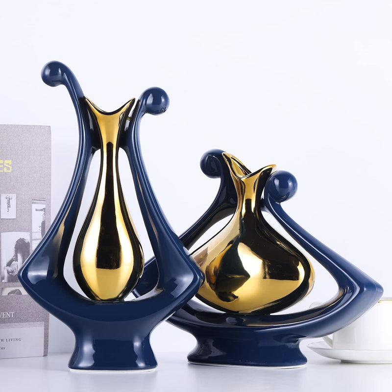 Marineblaue Keramikvase für Heimdekoration, moderne blau-goldene Vase, abstrakte Blumenvase, moderne