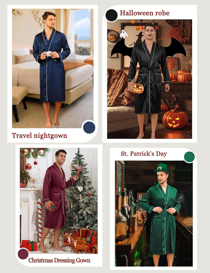 Bresdk Morgenmantel Herren Satin Kimono Robe Lang Leichter Bademantel für Männer M Schwarz M885, M S