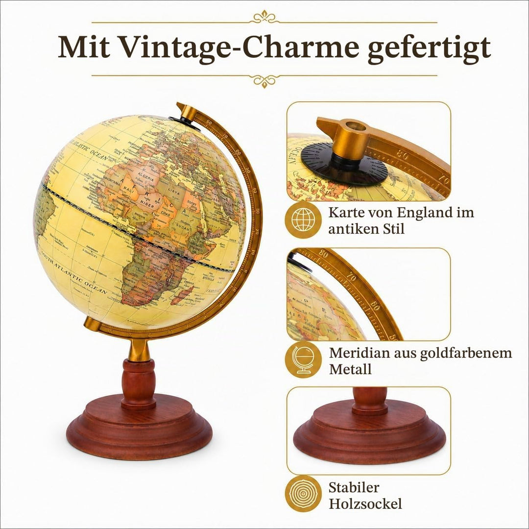 Exerz 20cm Antiker Globus Mit Holzfuss - Englische Karte - Für Kinder Büro Deko - Schülerglobus Mord