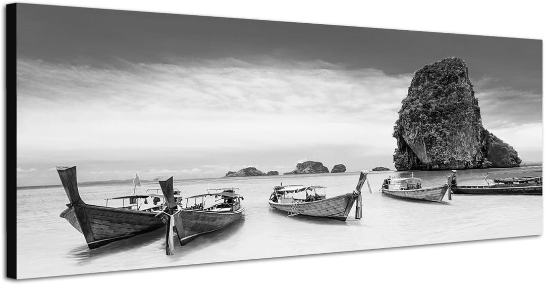 Paul Sinus Art Leinwandfoto als Panorama SCHWARZ/Weiss 150x50cm Thailand Fels Strand Meer Boote