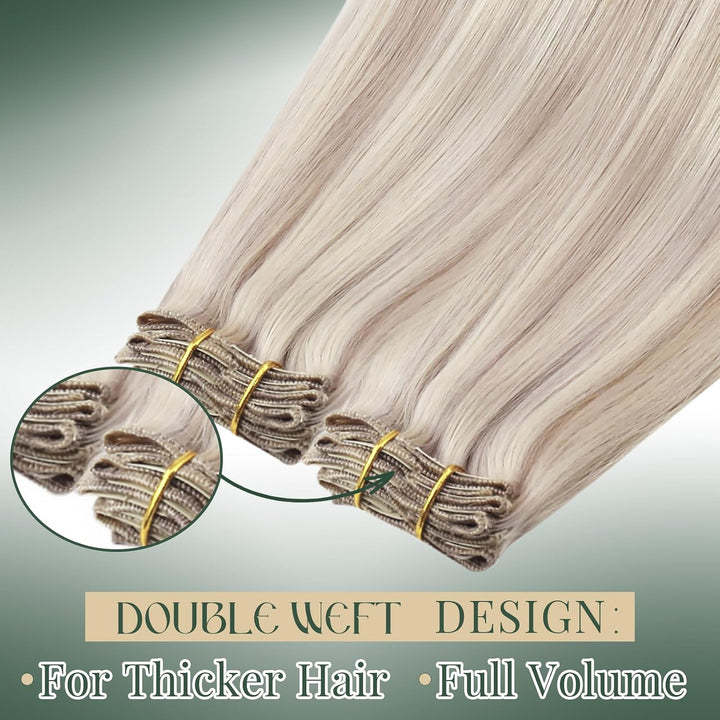 Ugeat Clip Extensions Echthaar Haar 35cm Gesträhnt Farbe Aschblond mit Bleichblond P18/613 Echthaar