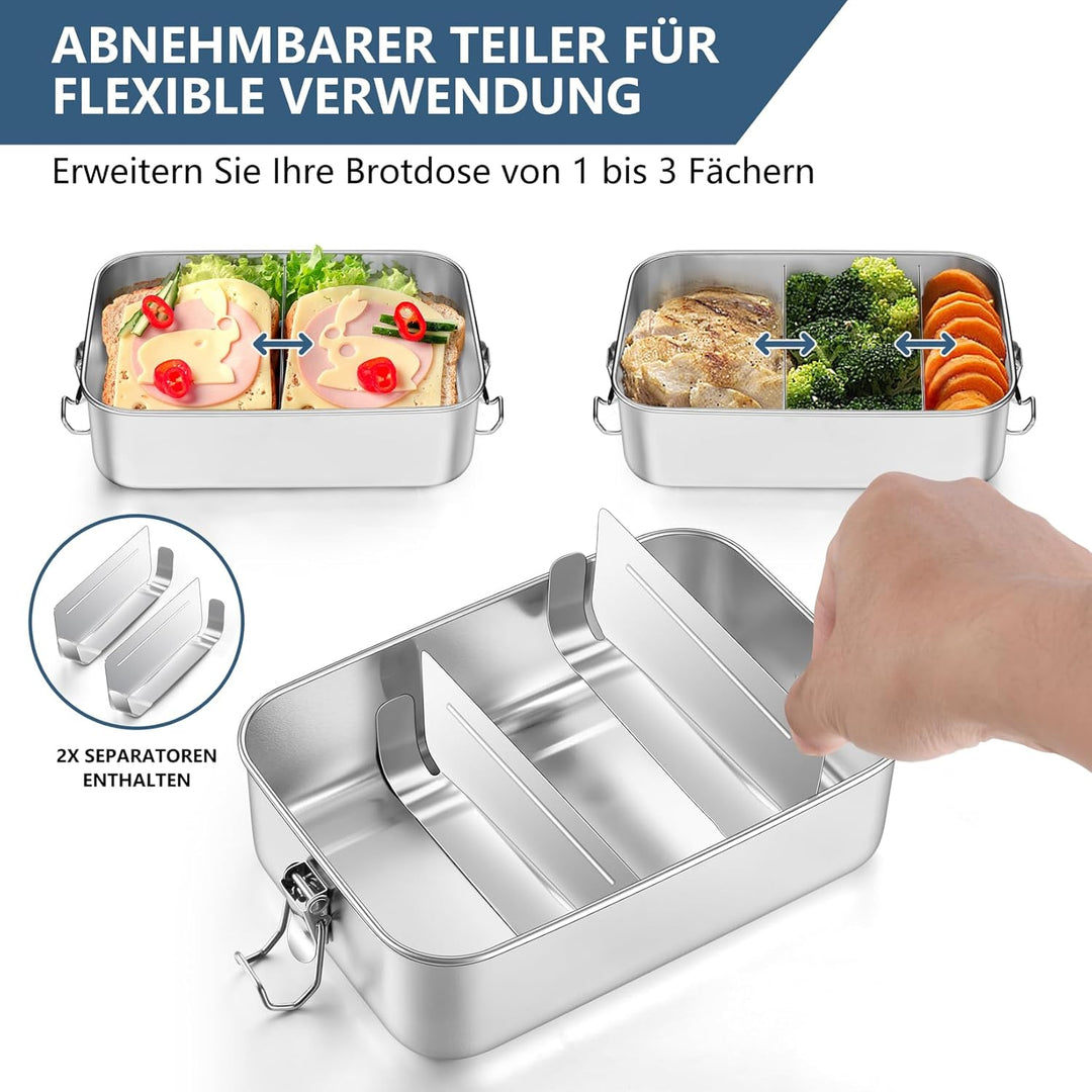 Onader Brotdose mit Fächern, Edelstahl Lunchbox Bento Box Für Kinder Erwachsene, Brotzeitdose mit Ab