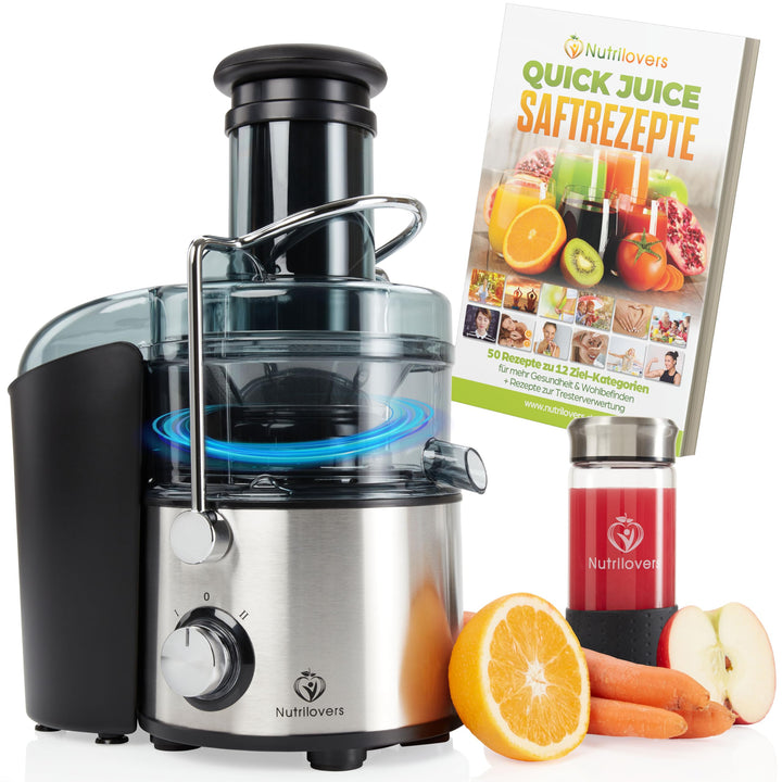 Nutrilovers QUICK-JUICER MAX Entsafter Obst und Gemüse, XXL Einwurf, Edelstahlsieb, Externer Trester
