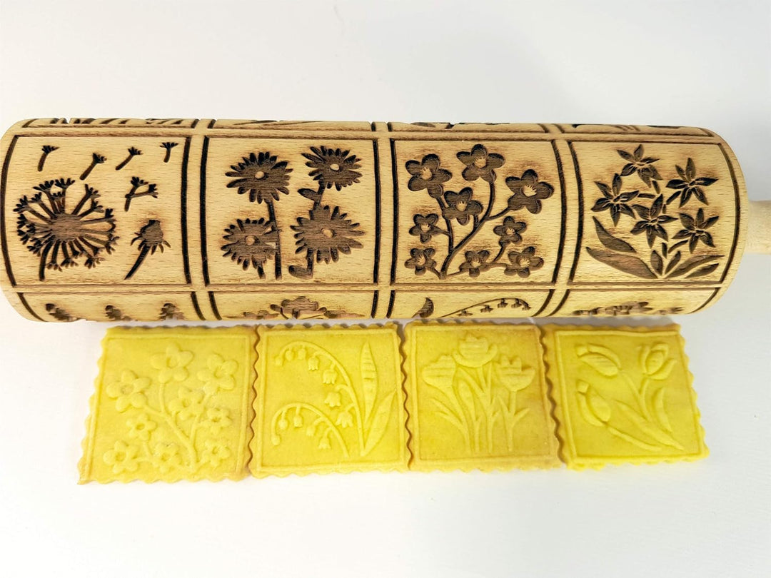 FRÜHLINGSBLUMEN Nudelholz mit Muster - Teigroller Holz Frühling Blumen für DIY hausgemacht Plätzchen