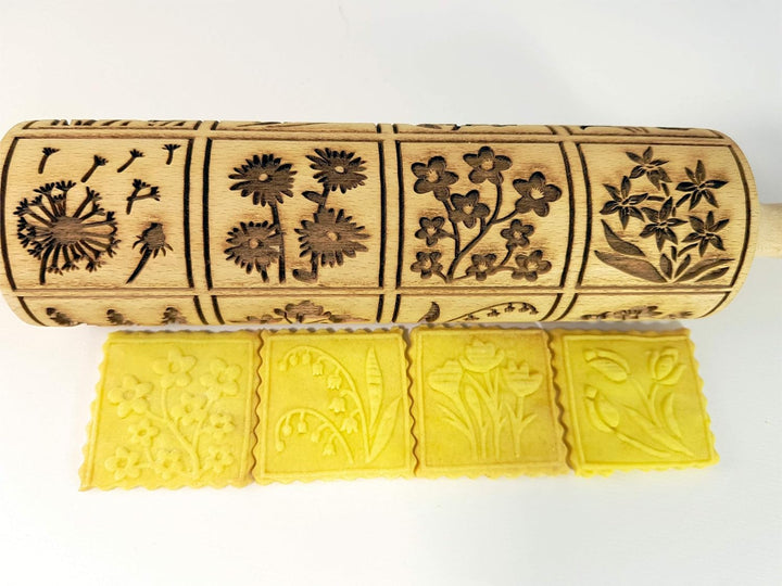 FRÜHLINGSBLUMEN Nudelholz mit Muster - Teigroller Holz Frühling Blumen für DIY hausgemacht Plätzchen