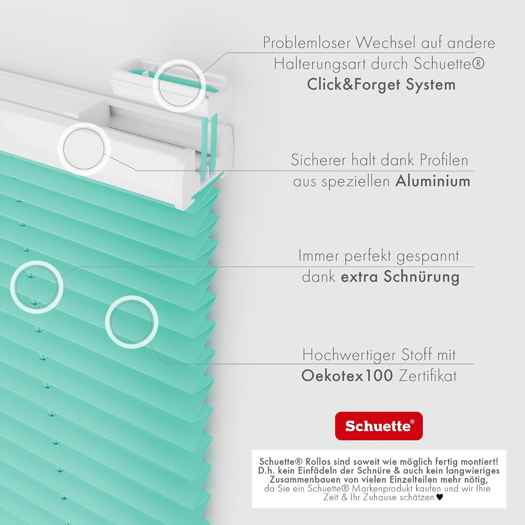 Schuette® Plissee ohne Bohren ● Premium Kollektion: Blue Ocean (Türkis) ● 80x120cm (Breite x Höhe) ●
