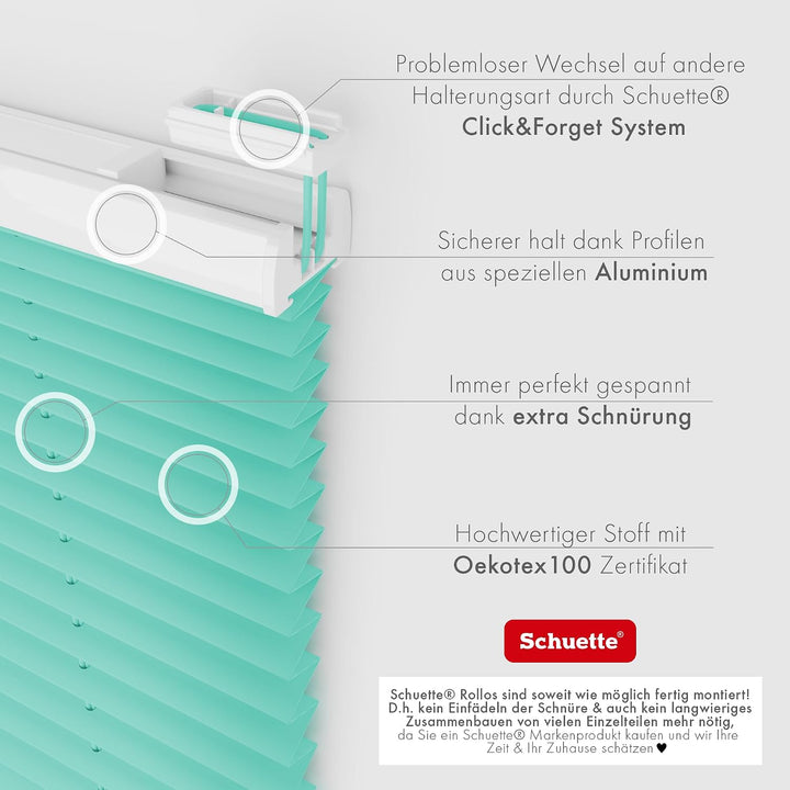 Schuette® Plissee ohne Bohren ● Premium Kollektion: Blue Ocean (Türkis) ● 80x120cm (Breite x Höhe) ●