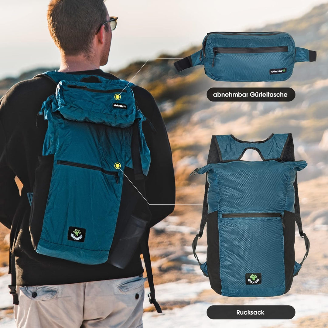 4Monster Faltbarer Rucksack Ultra Leicht, Unisex Tagesrucksack Outdoor, 2in1 Gürteltasche, Wasserdic