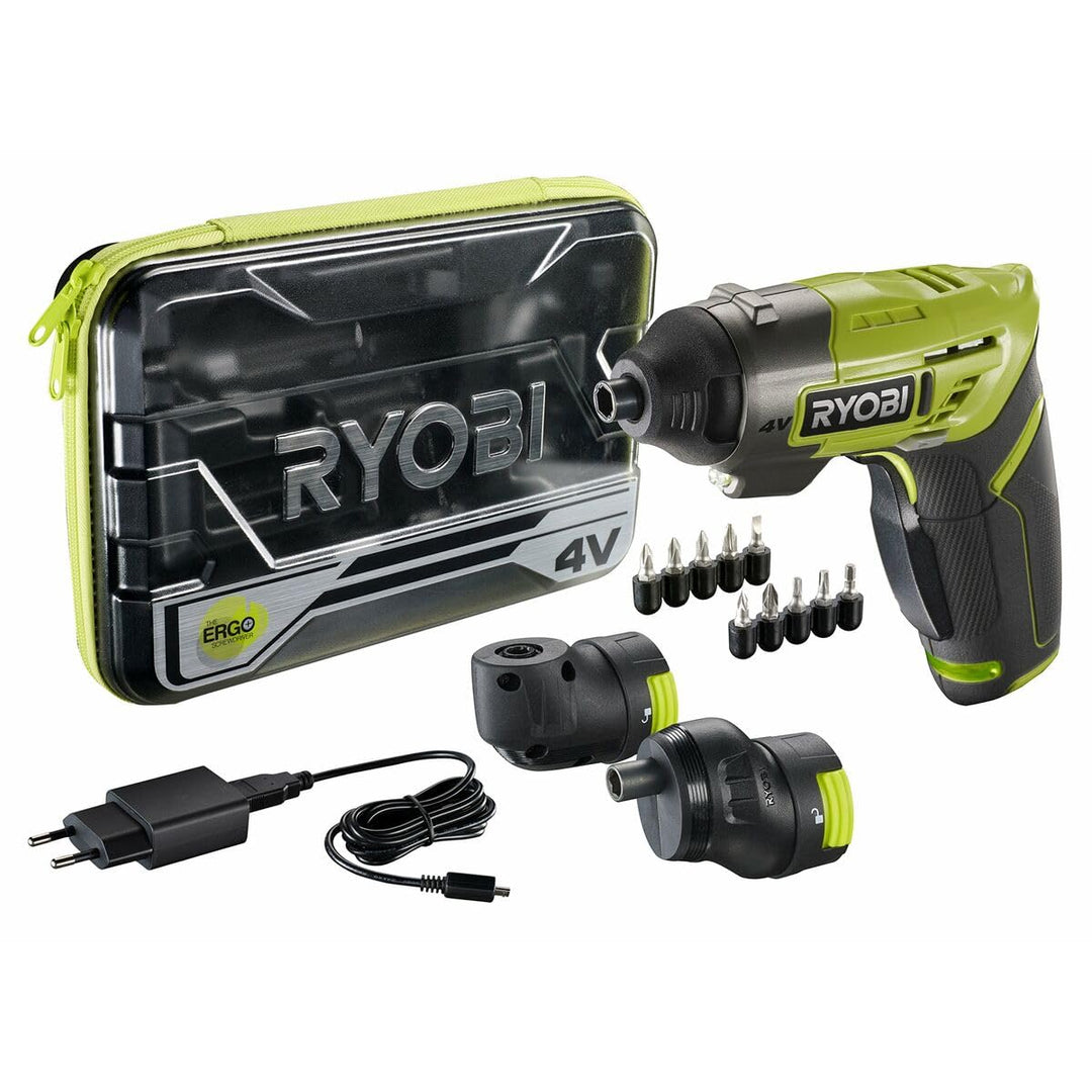RYOBI 4 V Akku-Bohrschrauber ERGO-A2 (Drehmoment 5 Nm, 2x Winkelaufsätze, 10-tlg. Zubehör, inkl. 1x