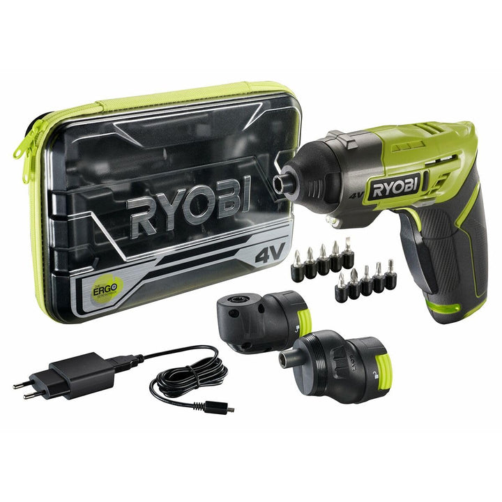 RYOBI 4 V Akku-Bohrschrauber ERGO-A2 (Drehmoment 5 Nm, 2x Winkelaufsätze, 10-tlg. Zubehör, inkl. 1x