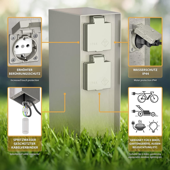 ledscom.de 2x Garten-Steckdosen-Säule POMI mit Erdspiess und 2m Kabel für aussen, IP44, 4-fach, edel