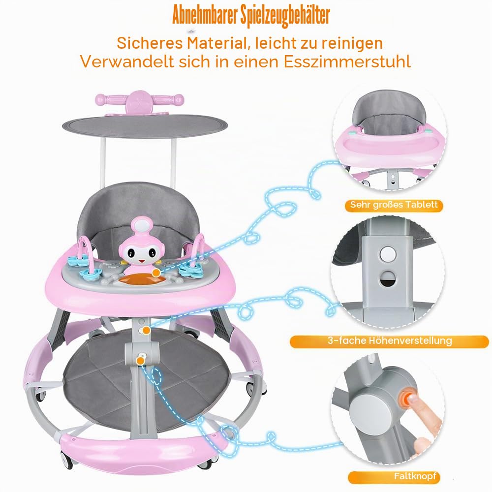 OHMG Babywalker Lauflernwagen, 5 in 1, Lauflernwagen, Wippfunktion, Babywippe mit Rollen, Licht, Mus