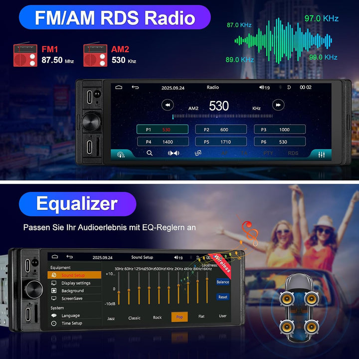 1Din Car Radio with Wireless Carplay &amp; Android Auto, Bluetooth Autoradio 1Din mit 6,28 Zoll HD IPS B