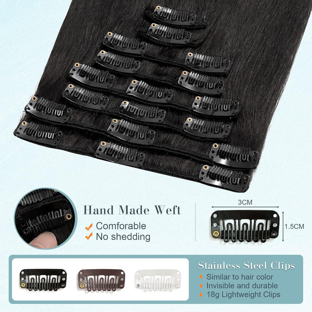 Benehair Clip in Extensions Echthaar, 8 Stück 100% Echtes Haar Extension 55g, Dunkles Schwarz Haarve