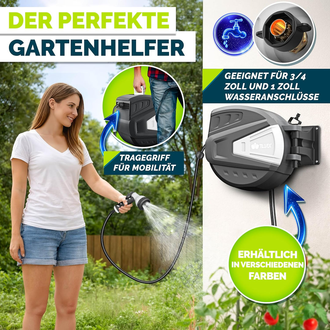 tillvex Schlauchtrommel Wasser mit Wandhalterung + Tragegriff | Schlauchaufroller mit Handbrause und