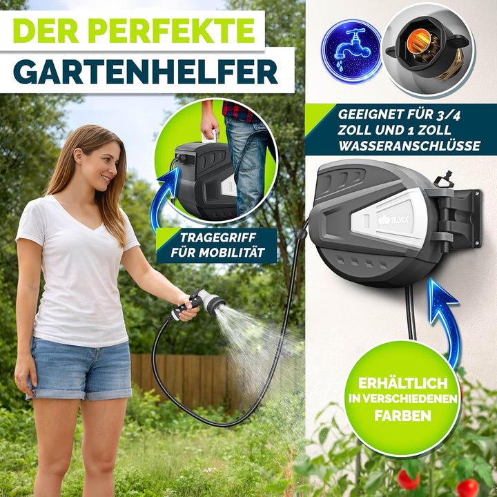 tillvex Schlauchtrommel Wasser mit Wandhalterung + Tragegriff | Schlauchaufroller mit Handbrause und