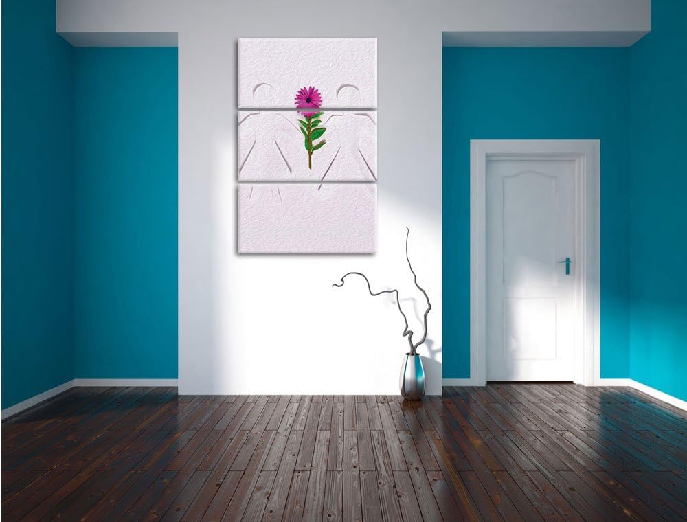 Pixxprint Strichmännchen mit Blume schwarz/weiss 3-Teiler Leinwandbild 120x80 Bild auf Leinwand