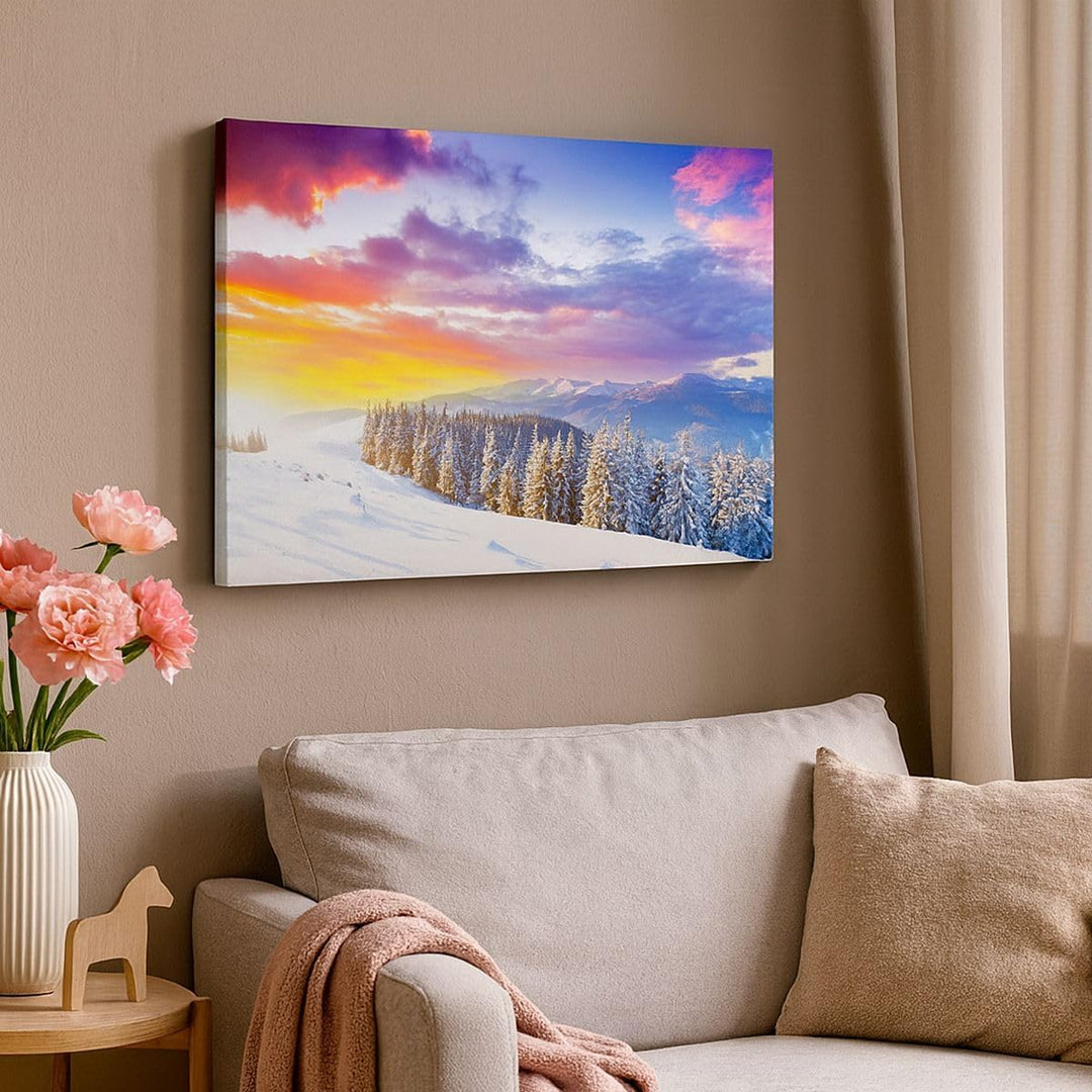 Bilder auf Leinwand 100x70cm Leinwandbild mit Rahmen Berge Schnee Winter Gross Wanddeko Bild Schlafz