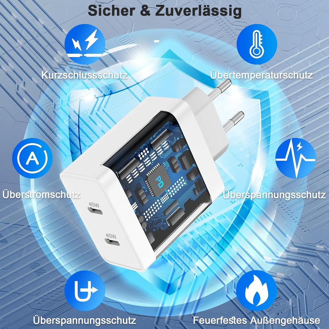 2Pack 45W Dual Port USB C Ladegerät, iPhone 17/16/15 Ladegerät mit 3M langem USB C Ladekabel, PD Sch