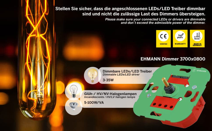 Ehmann 3700x0800 Elektronischer LED Unterputz-Dimmer, Phasenanschnitt, 230 V, 50 Hz, Leistung: LED 3